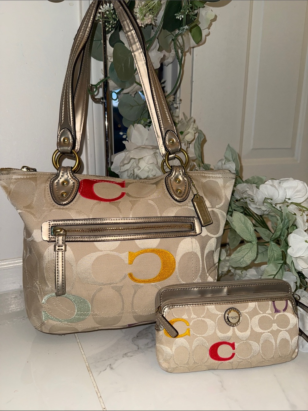Coach Beige Signature Canvas Tote with Metallic Trim and Multicolor with wallet